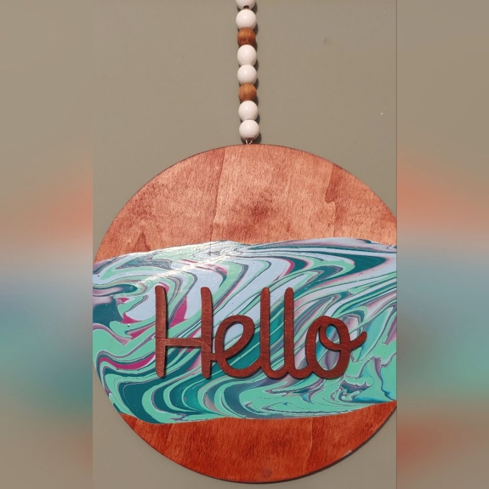 Hand Crafted 10 in. Wooden Painted Hello Sign